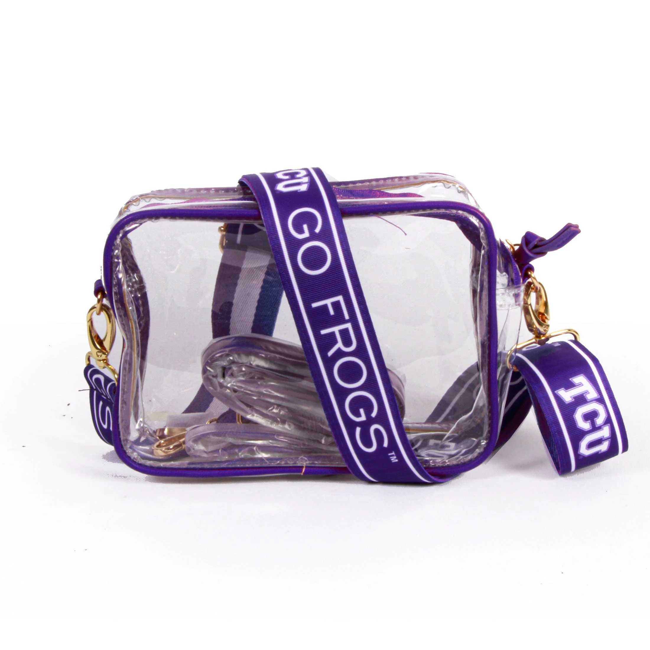 TCU Clear Purse - Bridget Clear Purse with Custom Patterned  Shoulder Straps in Purple and White by Desden