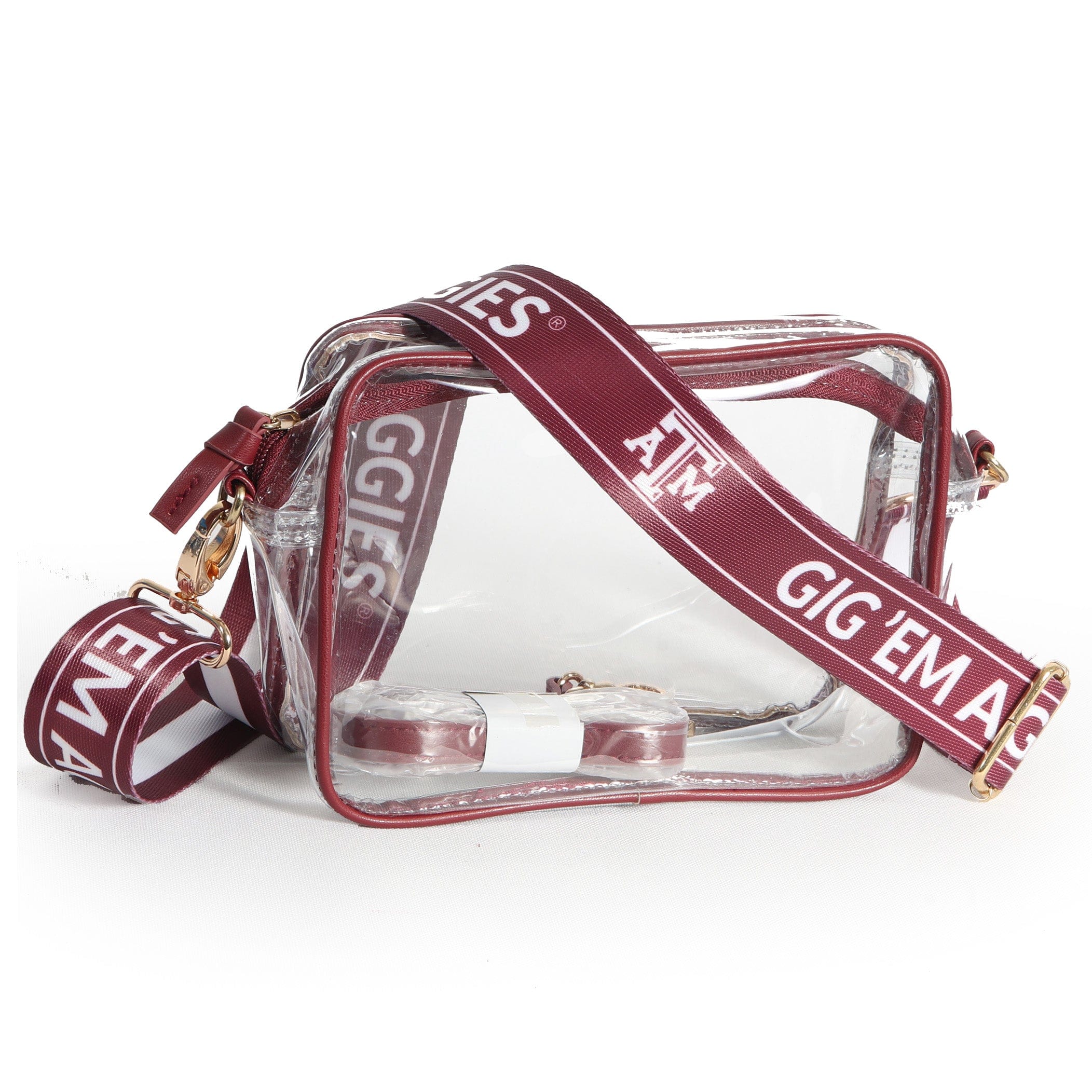 Bridget Clear Purse with Maroon Trim and Patterned Shoulder Straps for Texas A&M